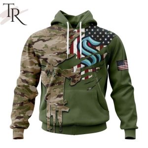 Custom Name And Number NHL Seattle Kraken Special Camo Skull Design Hoodie