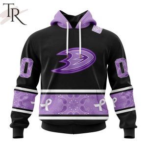 NHL Anaheim Ducks Special Black And Lavender Hockey Fight Cancer Design Personalized Hoodie