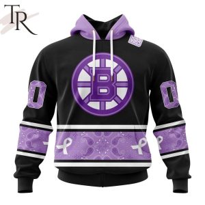 NHL Boston Bruins Special Black And Lavender Hockey Fight Cancer Design Personalized Hoodie