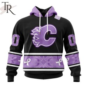 NHL Calgary Flames Special Black And Lavender Hockey Fight Cancer Design Personalized Hoodie