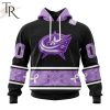 NHL Columbus Blue Jackets Special Black And Lavender Hockey Fight Cancer Design Personalized Hoodie