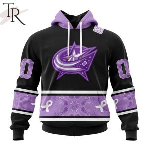 NHL Columbus Blue Jackets Special Black And Lavender Hockey Fight Cancer Design Personalized Hoodie