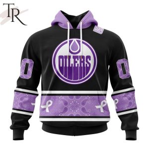 NHL Edmonton Oilers Special Black And Lavender Hockey Fight Cancer Design Personalized Hoodie