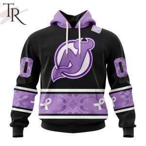 NHL New Jersey Devils Special Black And Lavender Hockey Fight Cancer Design Personalized Hoodie