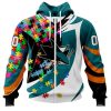 NHL San Jose Sharks Autism Awareness Personalized Name & Number 3D Hoodie