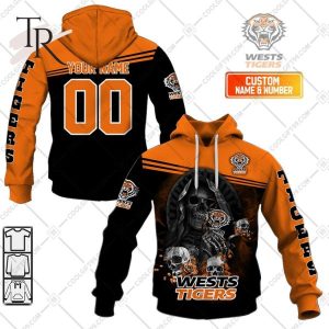 Personalized NRL Wests Tigers Skull Death Art Hoodie